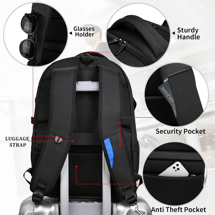 Zwarte slimme laptoprugzak met USB-poort, ideaal voor reizen en dagelijks gebruik.