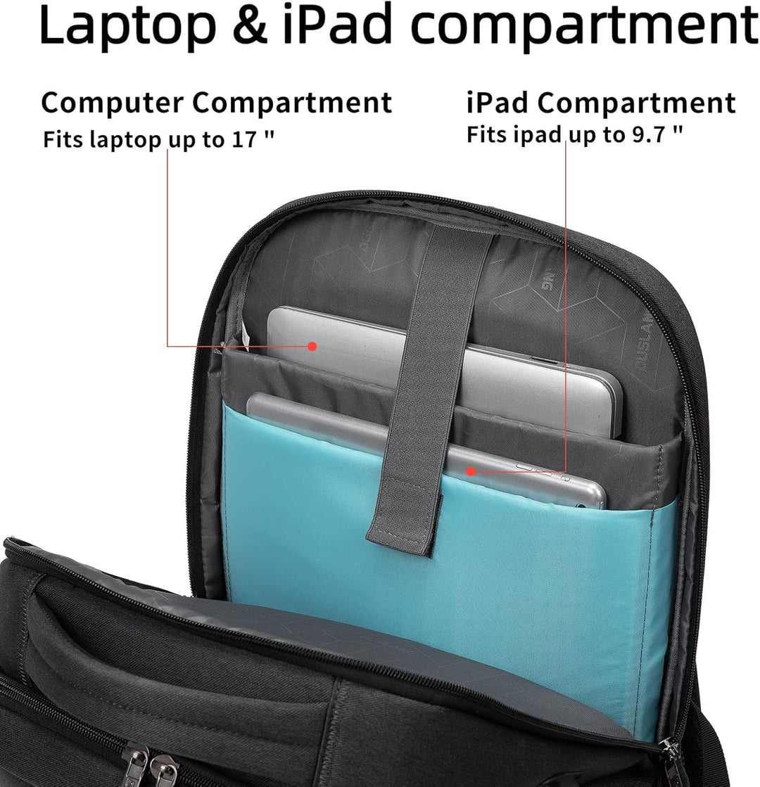 Donkergrijze werkrugzak met USB-poort, anti-diefstal en waterafstotend materiaal.