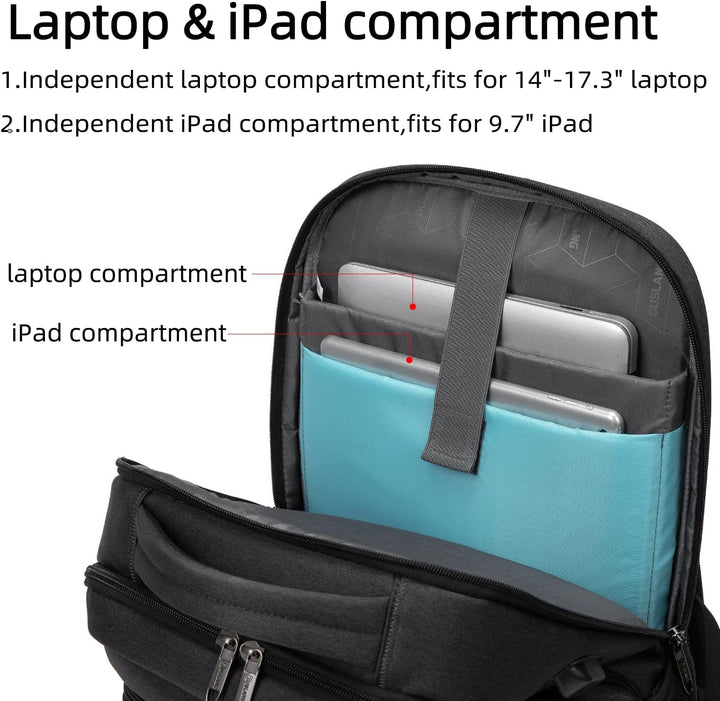 Donkergrijze unisex werkrugzak met anti-diefstal zakken en een handige USB-poort.