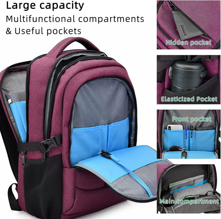 Roze laptoprugzak, perfect voor school of werk, met USB-poort en georganiseerde indeling.