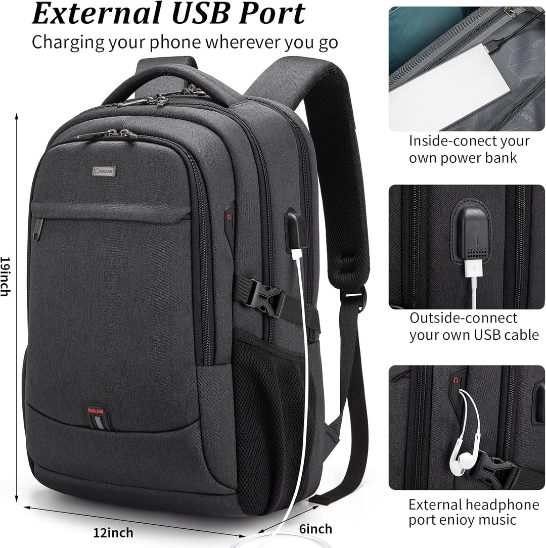 Lichtgrijze schoolrugzak met laptopvak, waterbestendig en externe USB-laadpoort.