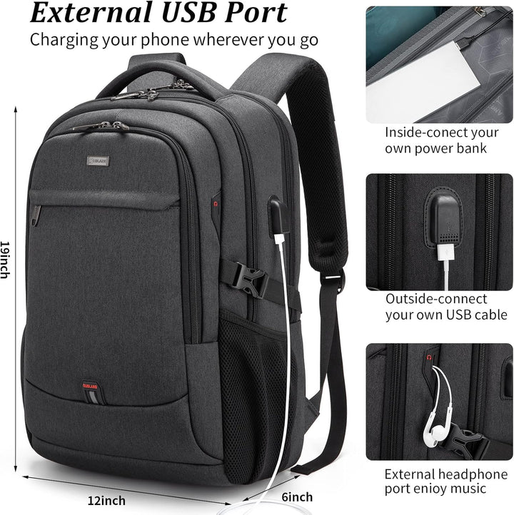 Lichtgrijze schoolrugzak met laptopvak, waterbestendig en externe USB-laadpoort.