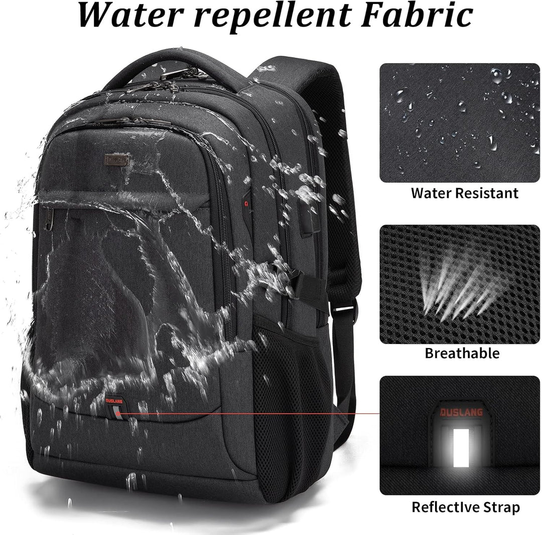 Donkergrijze unisex schoolrugzak met USB-poort, waterafstotend en veel opbergruimte.