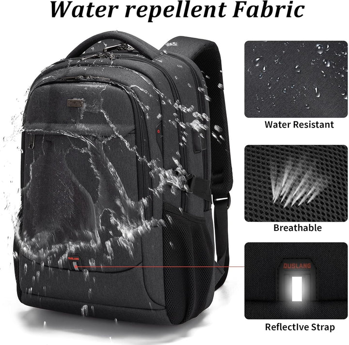 Donkergrijze unisex schoolrugzak met USB-poort, waterafstotend en veel opbergruimte.