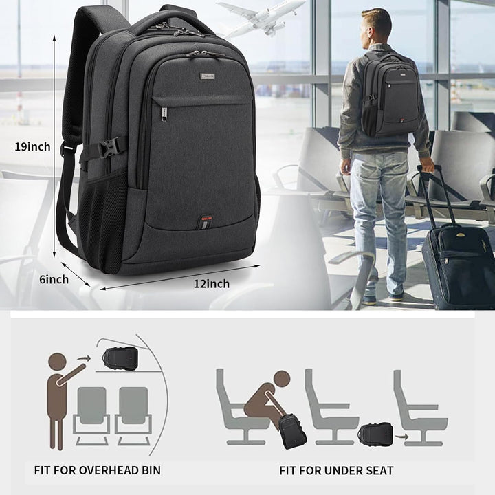 Blauwe werkrugzak met USB-poort, ergonomisch en georganiseerd voor professionals.