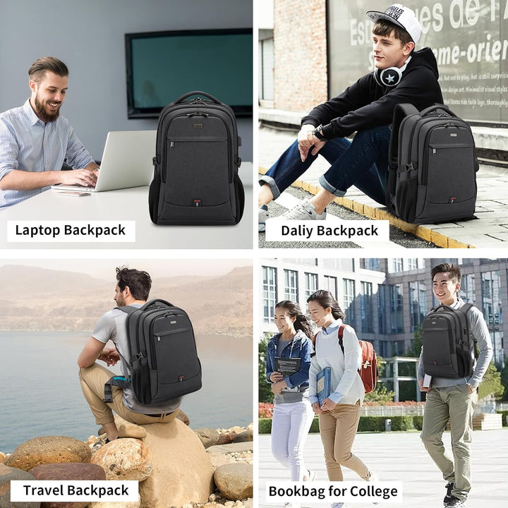Donkergrijze schoolrugzak, waterbestendig, met laptopvak en externe USB-oplaadpoort.