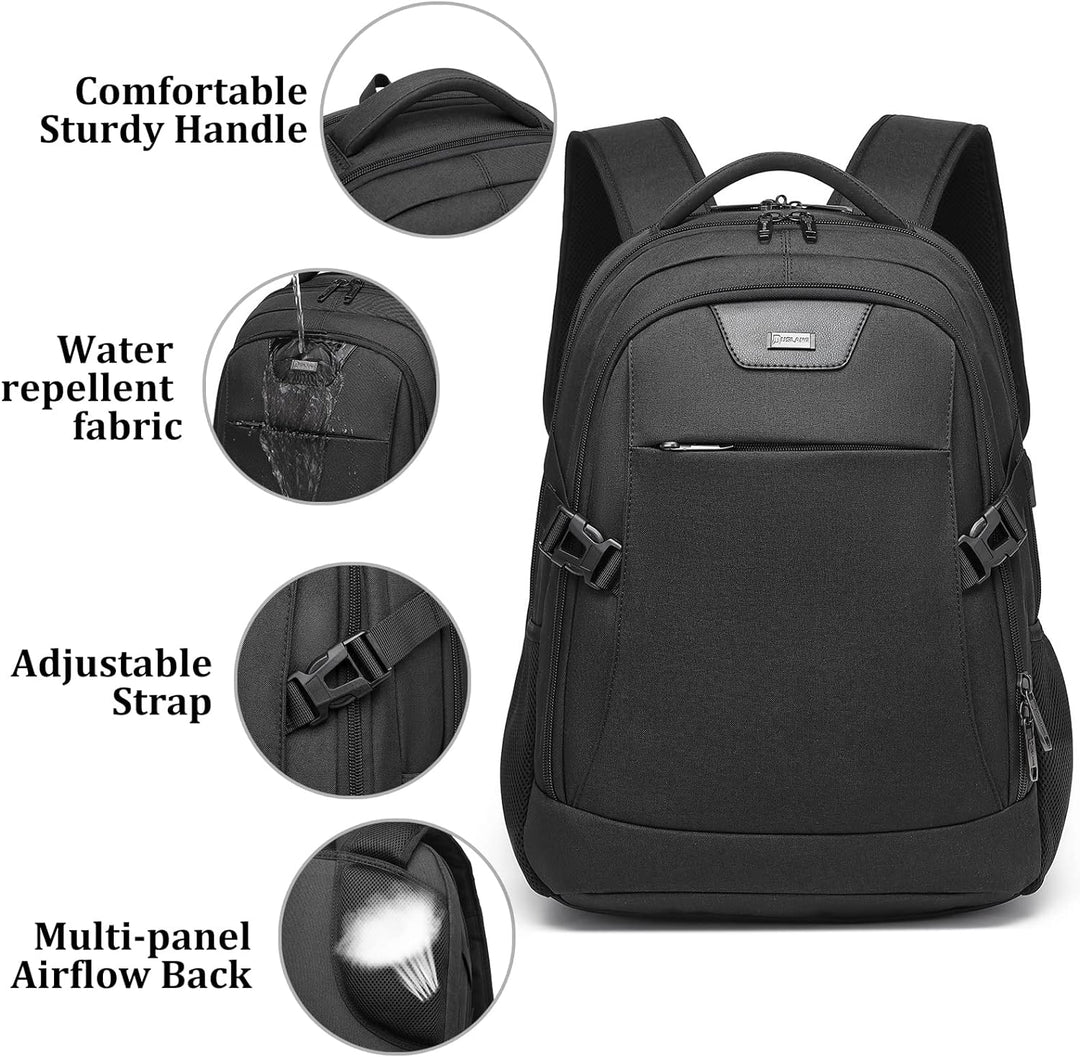 Donkergrijze werkrugzak, waterafstotend, met USB-poort en beschermend laptopcompartiment.