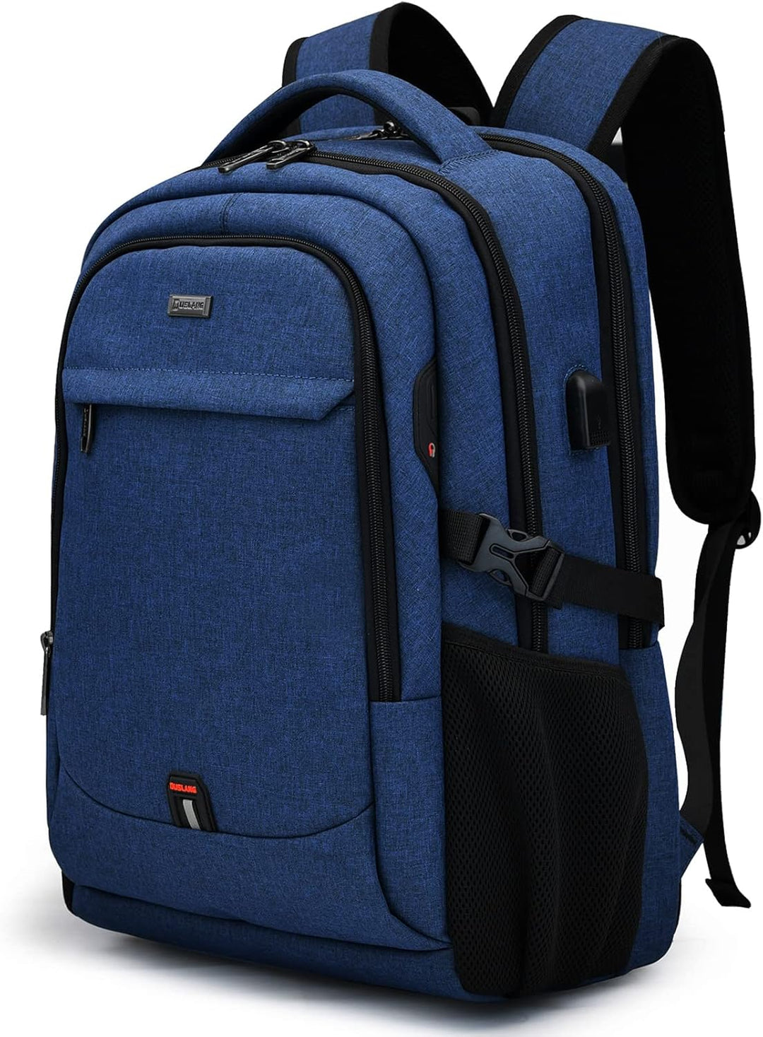 Blauwe reis laptoprugzak met USB-poort, waterbestendig en geoptimaliseerd voor reizigers.