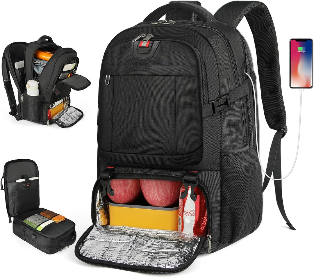 Zwarte unisex rugzak met extra groot hoofdvak, apart lunchvak & laptopvak. Ideaal voor school of werk.
