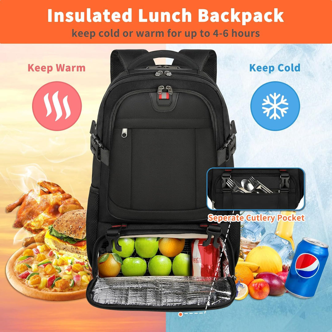 Reisrugzak met USB-oplaadpoort voor onderweg. Ruime, geïsoleerd lunchvak en diverse opbergmogelijkheden.