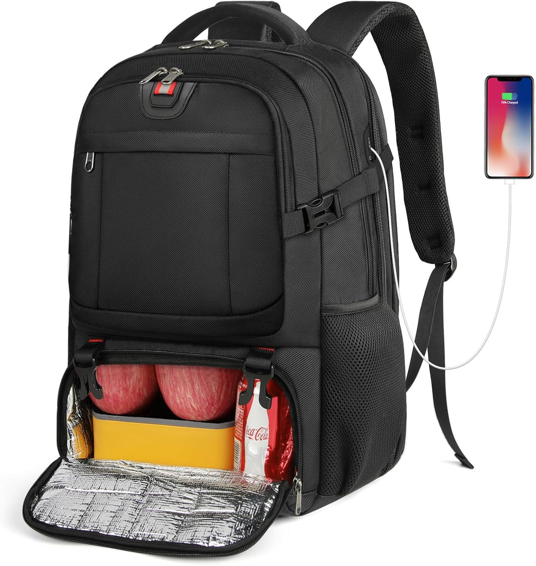 Grote, zwarte laptoprugzak met USB-poort en geïsoleerd vak. Perfecte werktas voor al je spullen.