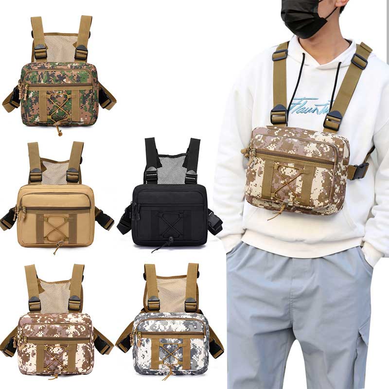 Zwarte unisex tactische borsttas, waterbestendig, ideaal voor outdoor avonturen en survival.