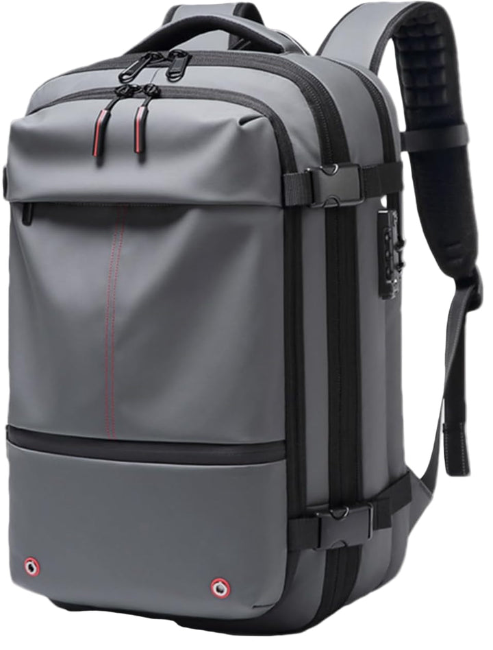 Zwarte vacuüm reisrugzak, 60L uitbreidbaar en waterdicht, met laptopvak. Klaar voor je volgende avontuur.