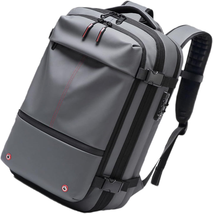 Moderne zwarte 60L reisrugzak, unisex, uitbreidbaar en waterdicht met ingebouwd laptopcompartiment.