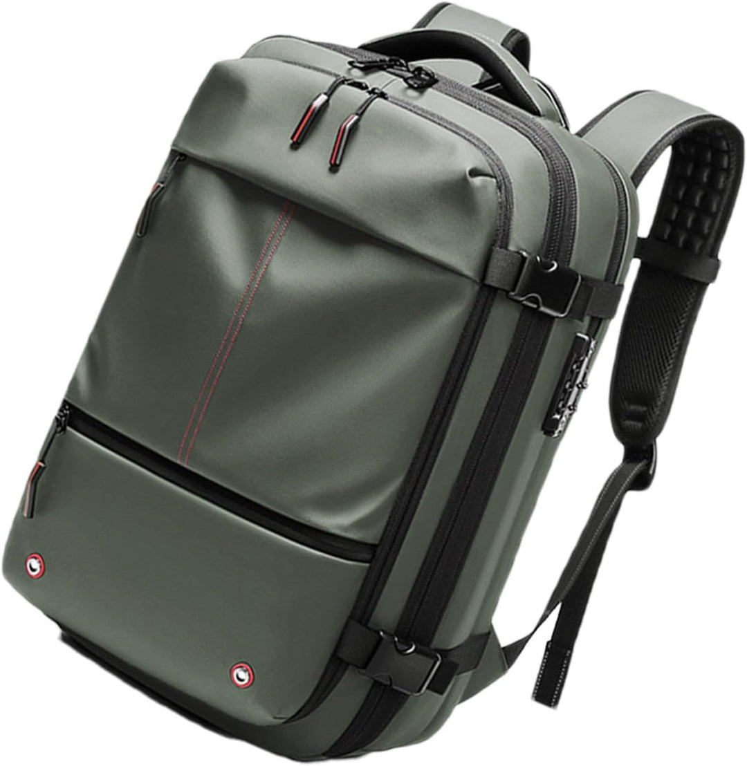 Stijlvolle zakelijke pendelrugzak, 60L uitbreidbaar, waterdicht, met laptopvak en vacuümcompressie.