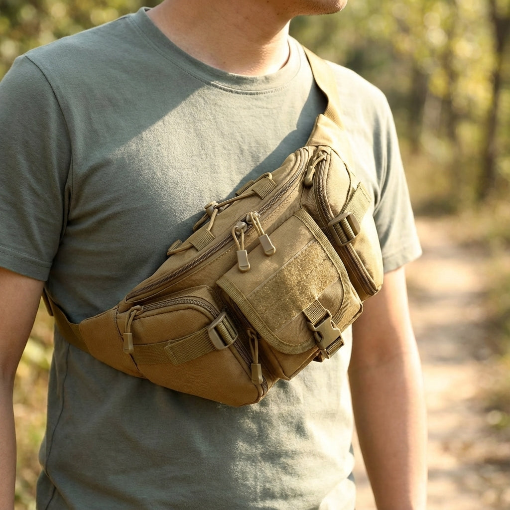 Zwarte unisex waterdichte tactische heuptas met molle systeem voor veilig en georganiseerd opbergen.