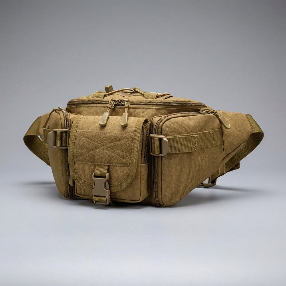 Compacte waterdichte tactische heuptas (zwart, unisex) voor outdoor, reizen en sport, met handig Molle systeem.