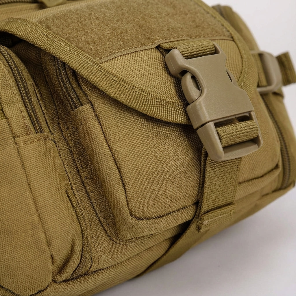 PackForge zwarte waterdichte tactische heuptas, perfect voor outdoor uitrusting, met molle bevestiging en veilige ritsen.
