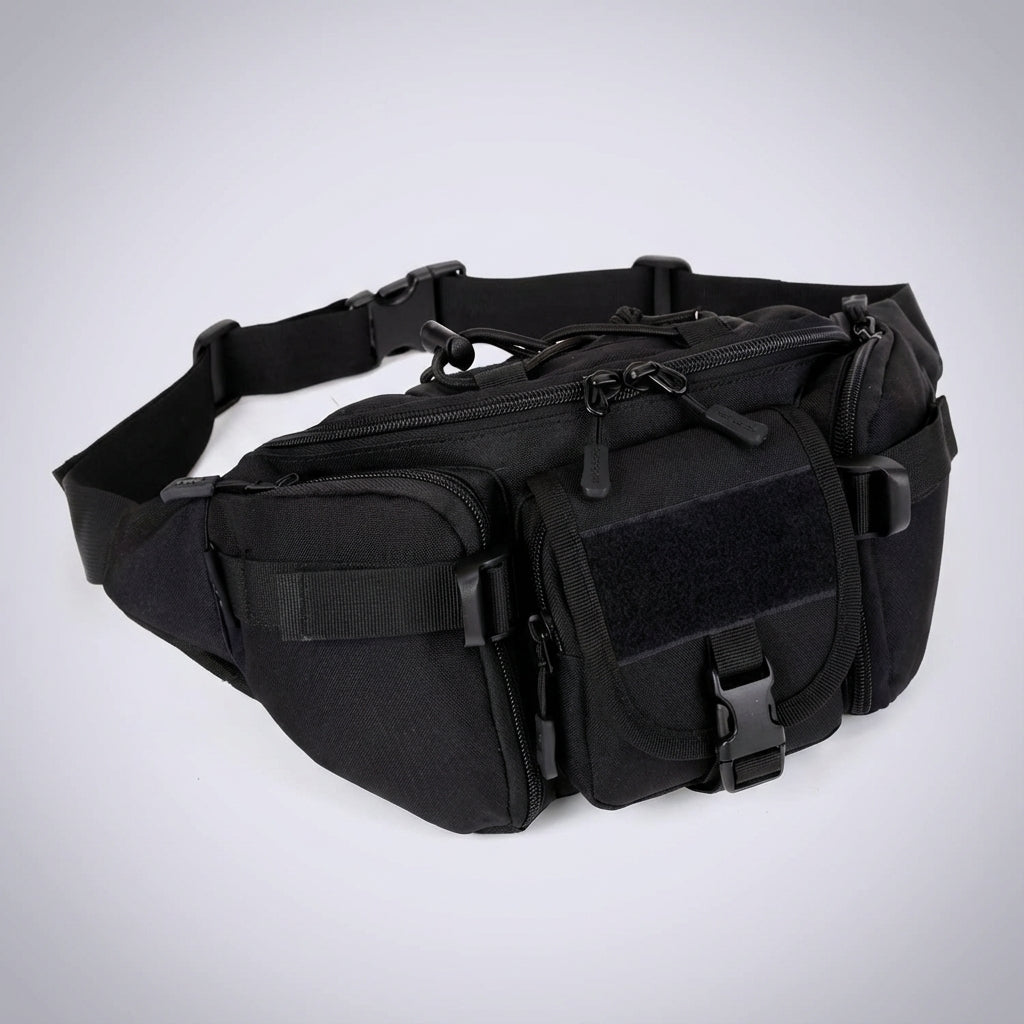 Veelzijdige zwarte unisex heuptas, waterdicht en tactisch, ideaal als reistas of crossbody voor al je benodigdheden.