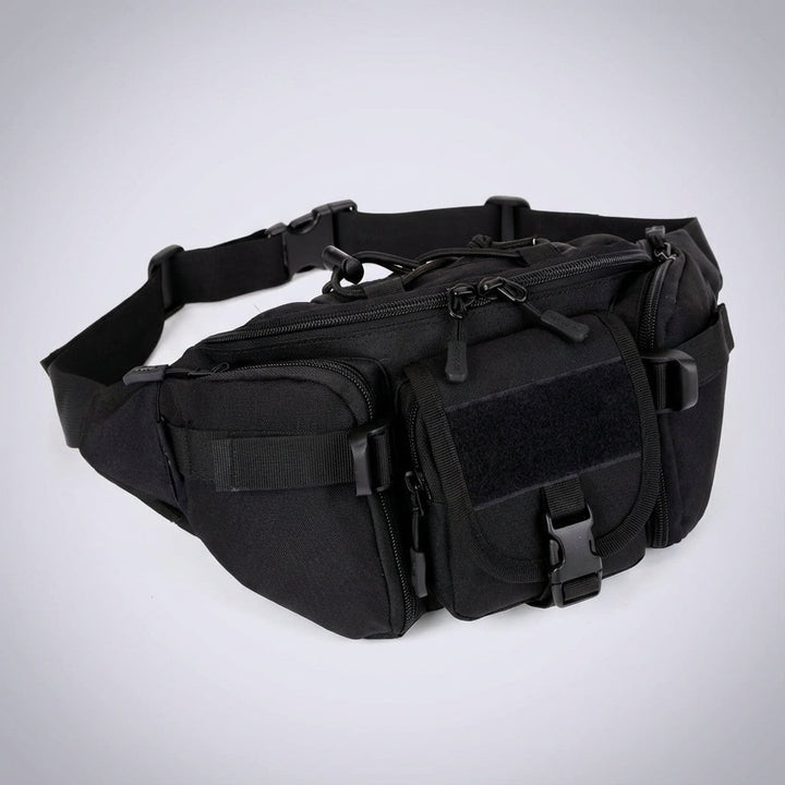 Veelzijdige zwarte unisex heuptas, waterdicht en tactisch, ideaal als reistas of crossbody voor al je benodigdheden.