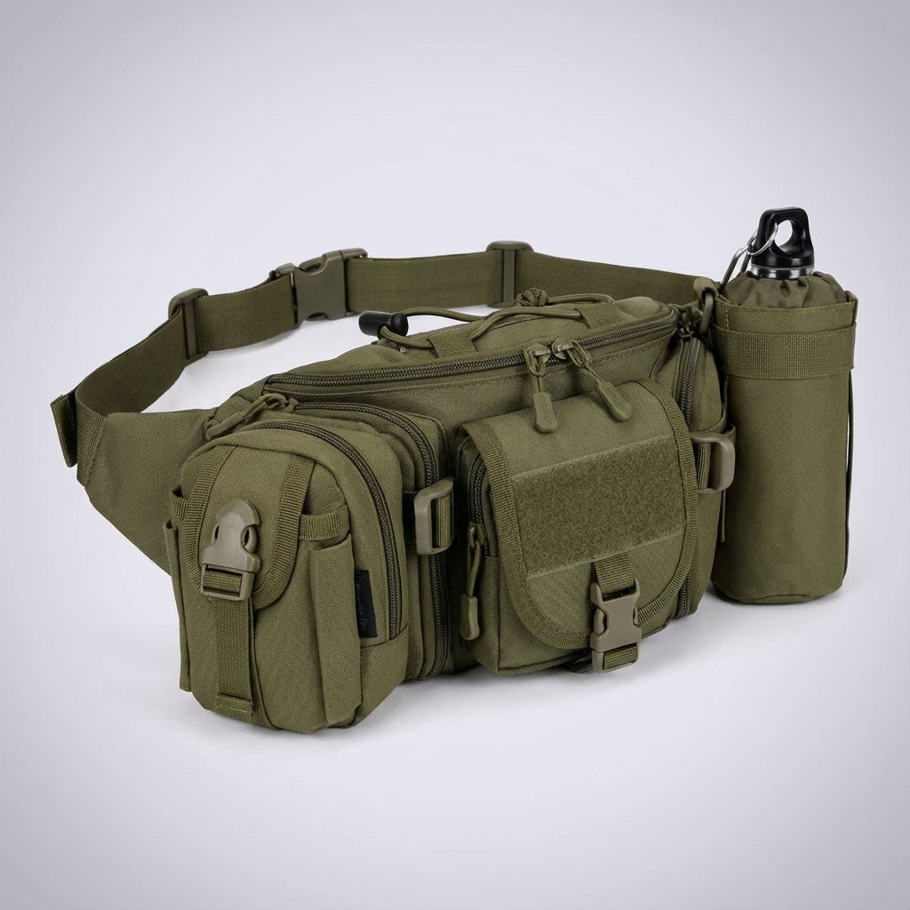 Duurzame zwarte unisex outdoor heuptas met waterdichte compartimenten, geschikt voor tactische en dagelijkse avonturen.