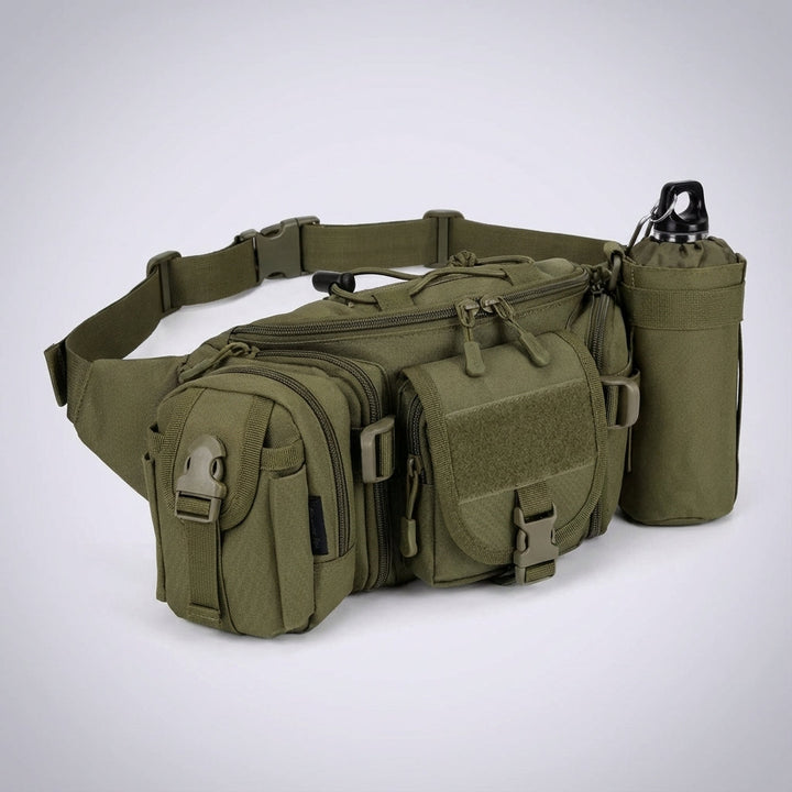 Duurzame zwarte unisex outdoor heuptas met waterdichte compartimenten, geschikt voor tactische en dagelijkse avonturen.