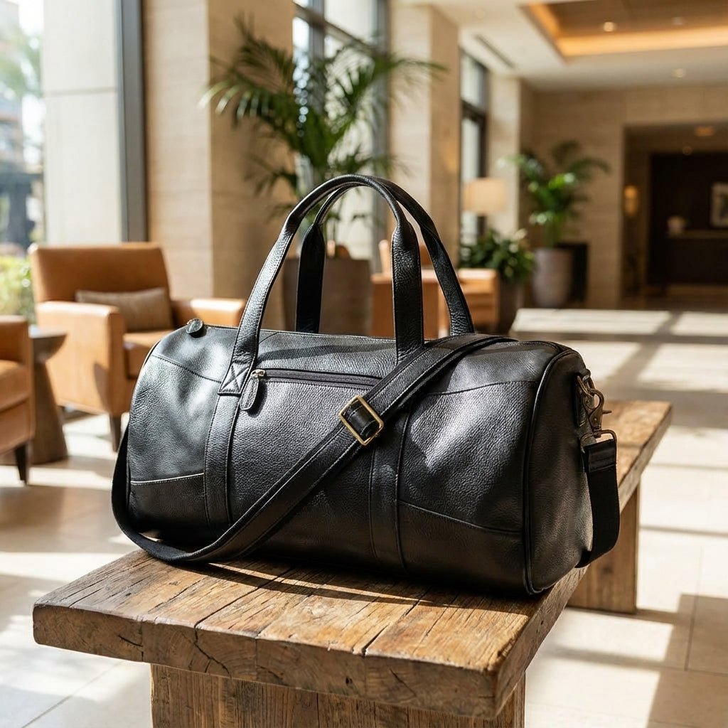 Zwarte unisex weekendtas met verstelbare schouderband, ruim en stijlvol voor korte reizen.
