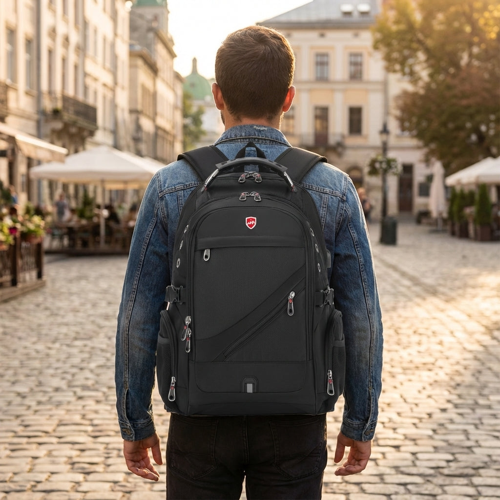 Zwarte VoyageVault unisex antidiefstal reisrugzak, ruim en waterdicht, ideaal voor school en outdoor gebruik.