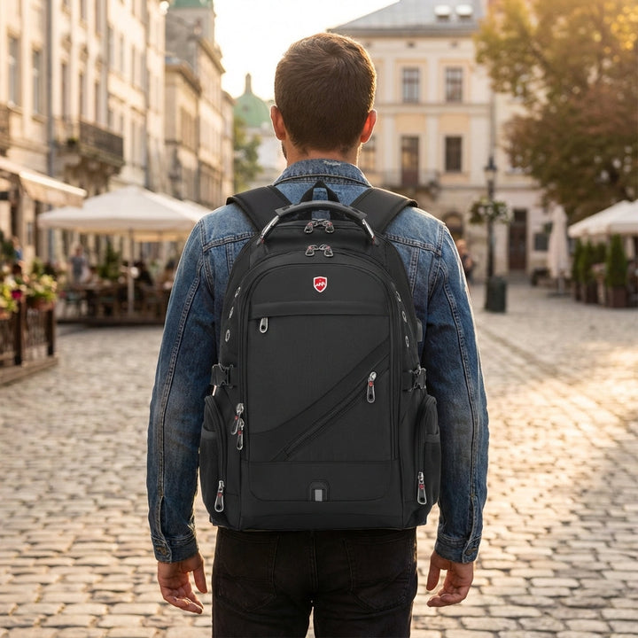 Zwarte VoyageVault unisex antidiefstal reisrugzak, ruim en waterdicht, ideaal voor school en outdoor gebruik.