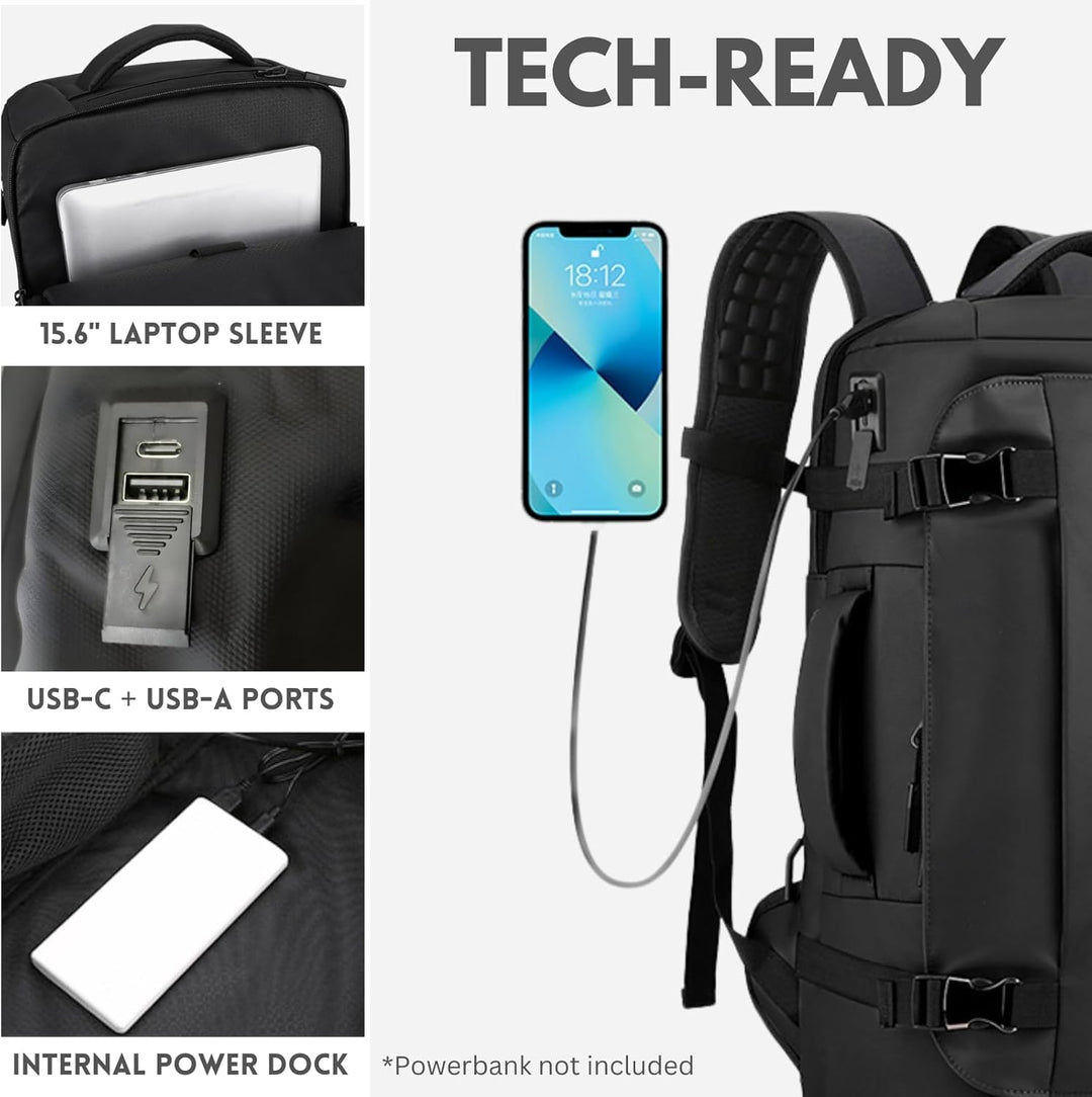 Unisex schooltas 15" in blauw, waterdicht met zijopening en USB-C poort voor opladen onderweg.