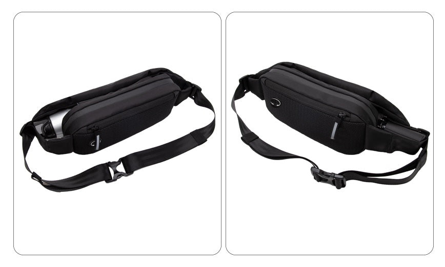 Handsfree zwarte heuptas met diverse vakken, waterbestendig, geschikt voor elke activiteit.